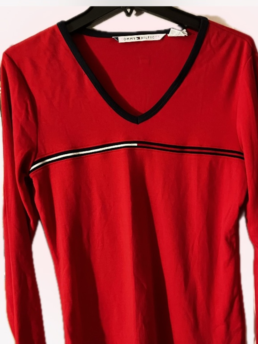 Tommy Hilfiger Red Long-Sleeve V-Neck Top with Contrast Stripe - Picture 2 of 5